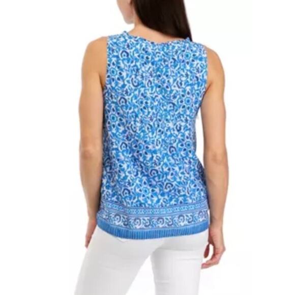 Vineyard Vines Sz L Katama Tile Blue Scarf Pintuck Top Blouse Coastal Boho - Picture 5 of 16